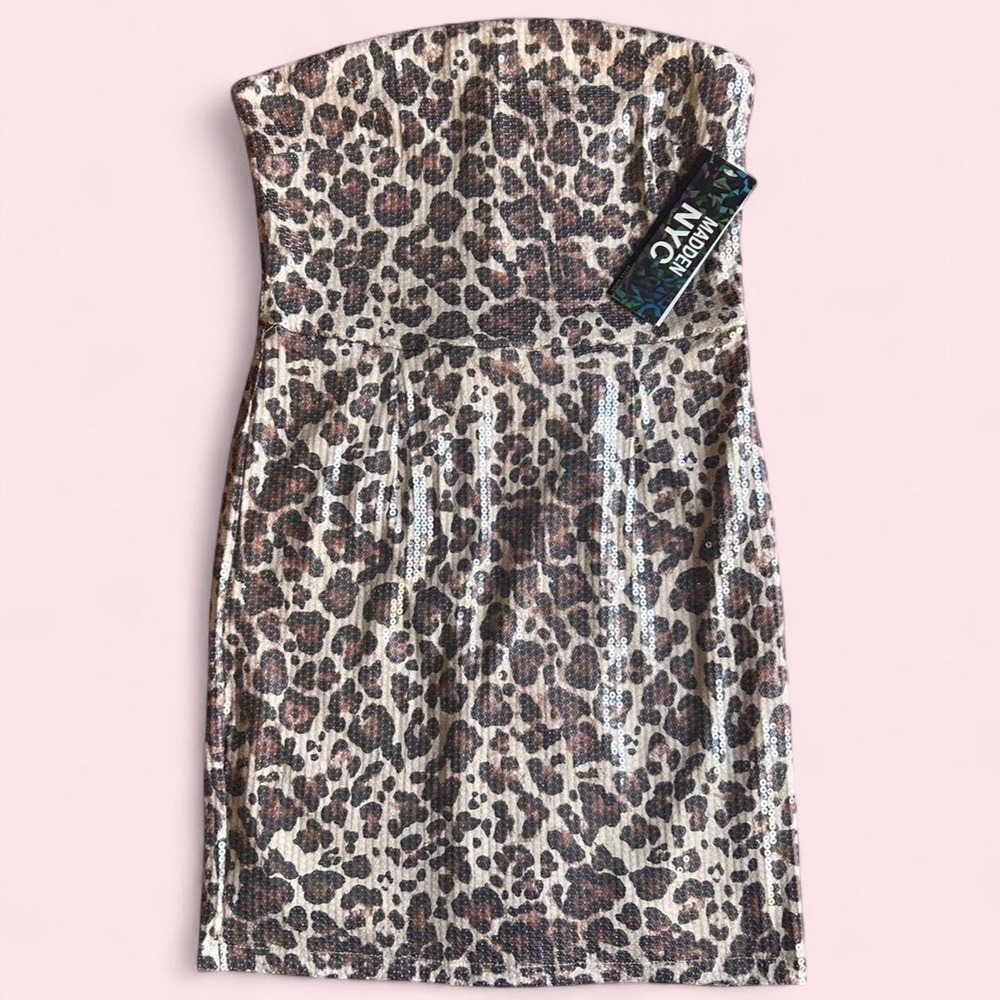Madden NYC Womens Leopard Print Sequin Strapless Tube Mini Dress Brown Small NWT